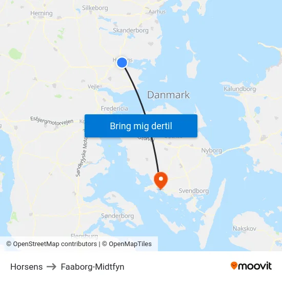 Horsens to Faaborg-Midtfyn map
