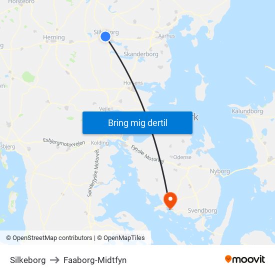 Silkeborg to Faaborg-Midtfyn map