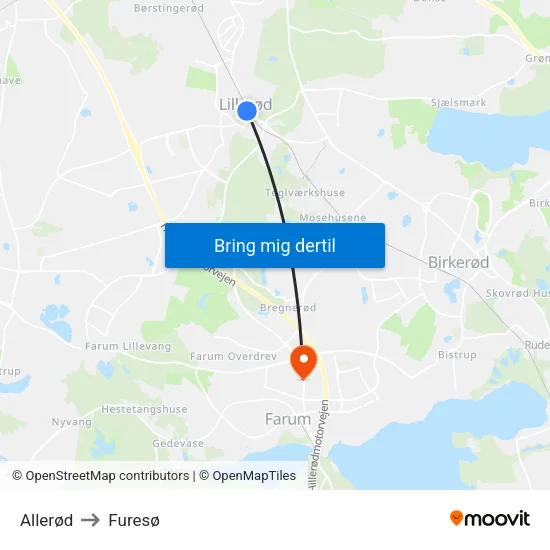 Allerød to Furesø map