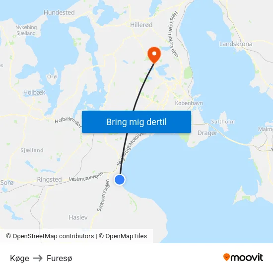 Køge to Furesø map