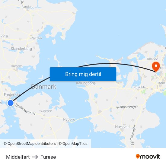 Middelfart to Furesø map