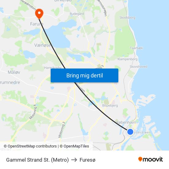 Gammel Strand St. (Metro) to Furesø map