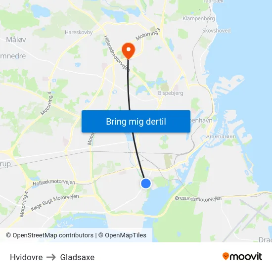 Hvidovre to Gladsaxe map