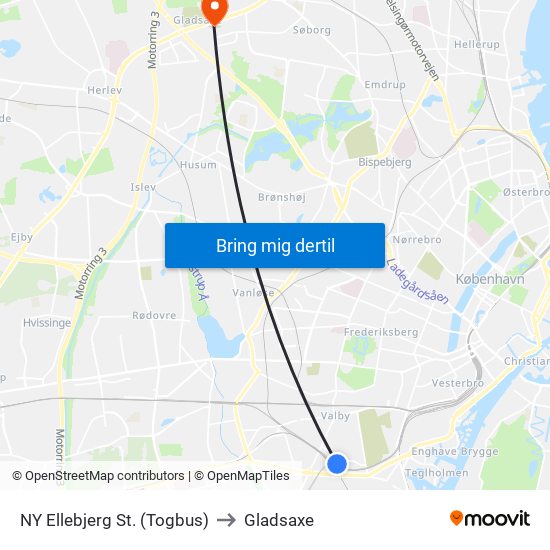NY Ellebjerg St. (Togbus) to Gladsaxe map