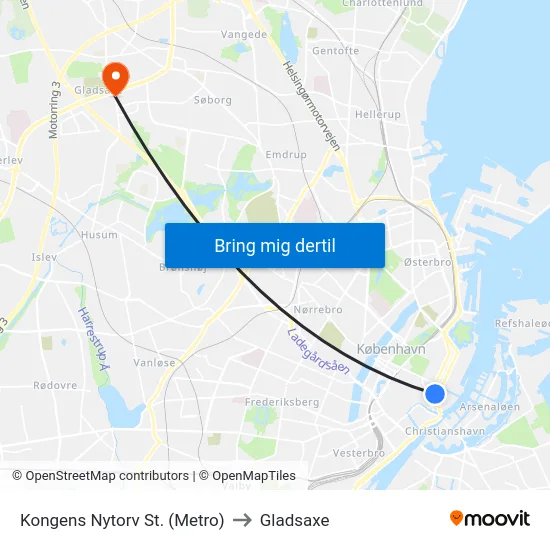 Kongens Nytorv St. (Metro) to Gladsaxe map