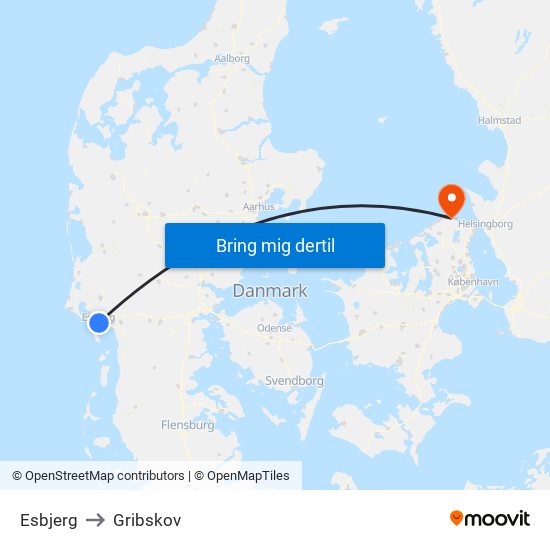 Esbjerg to Gribskov map