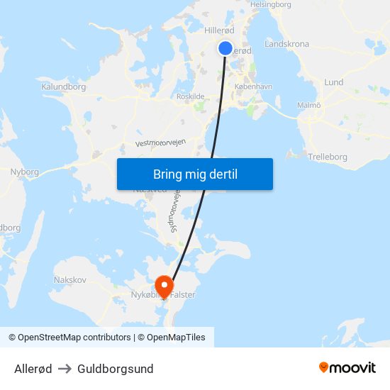 Allerød to Guldborgsund map