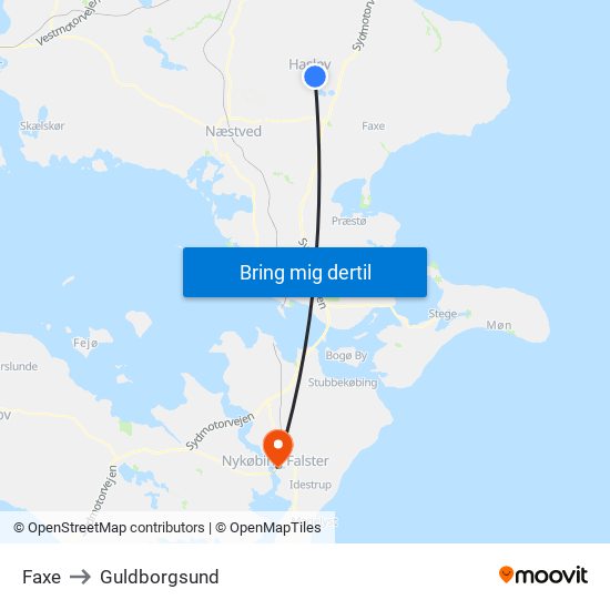 Faxe to Guldborgsund map