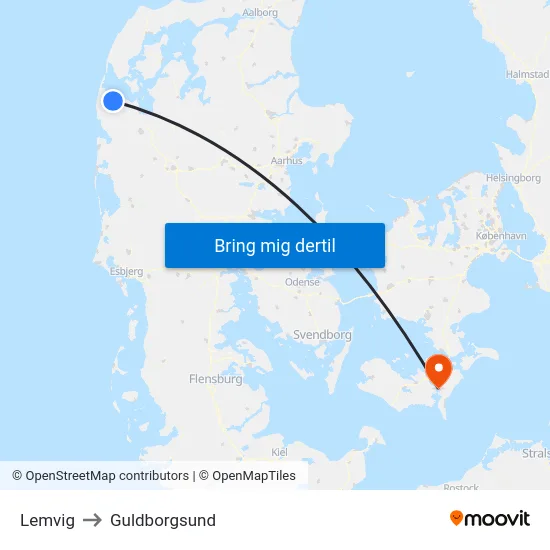 Lemvig to Guldborgsund map