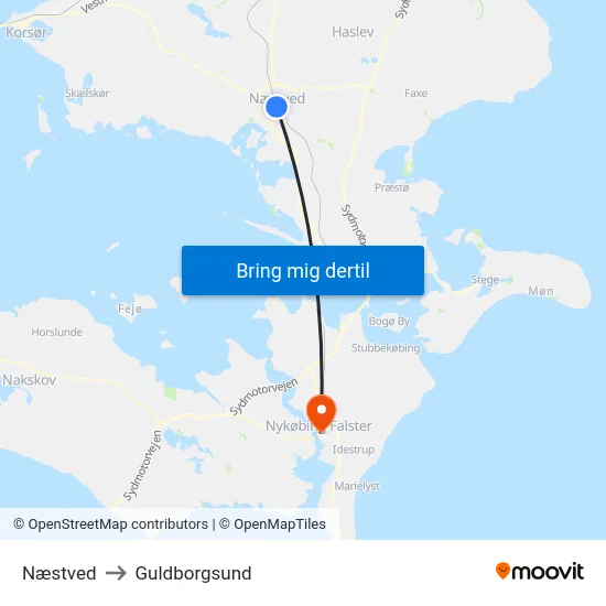 Næstved to Guldborgsund map