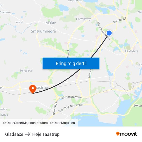 Gladsaxe to Høje Taastrup map