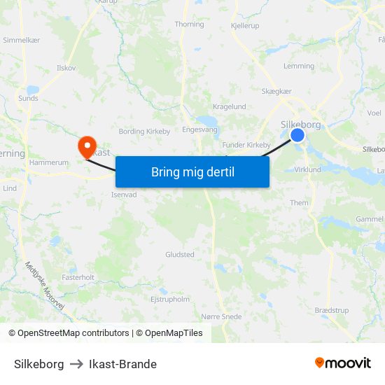 Silkeborg to Ikast-Brande map