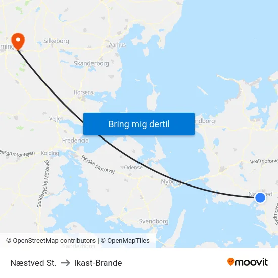Næstved St. to Ikast-Brande map
