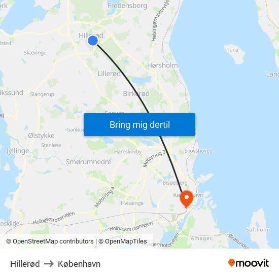 Hillerød to København map