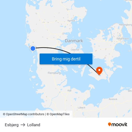 Esbjerg to Lolland map