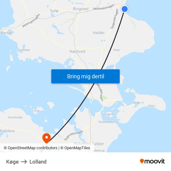 Køge to Lolland map