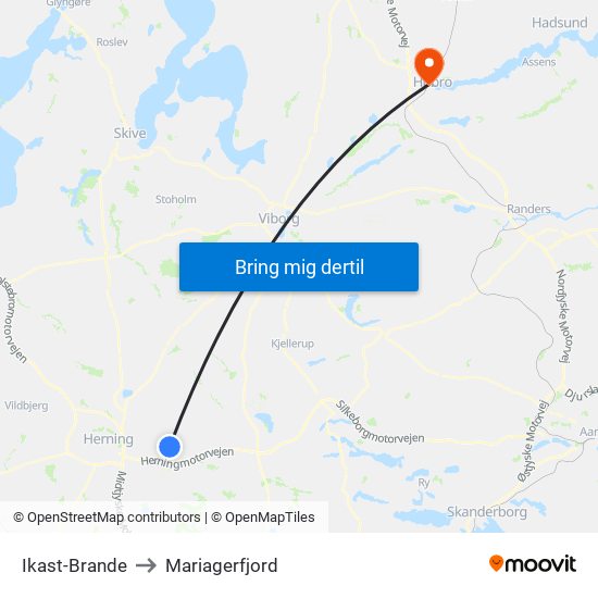 Ikast-Brande to Mariagerfjord map
