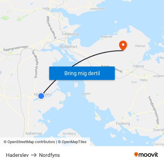 Haderslev to Nordfyns map