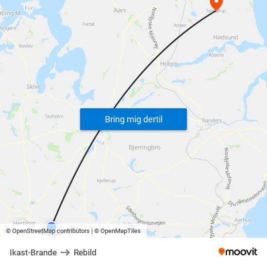 Ikast-Brande to Rebild map