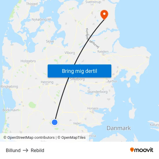 Billund to Rebild map