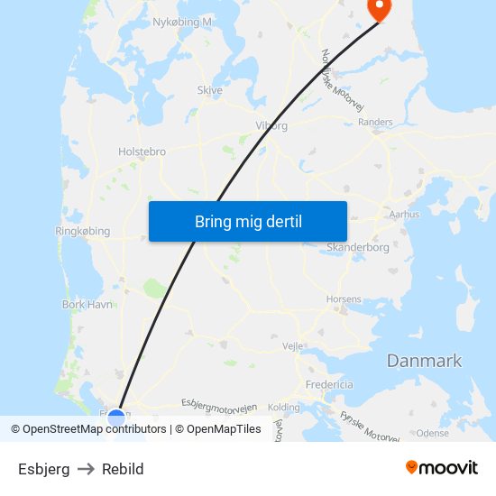 Esbjerg to Rebild map