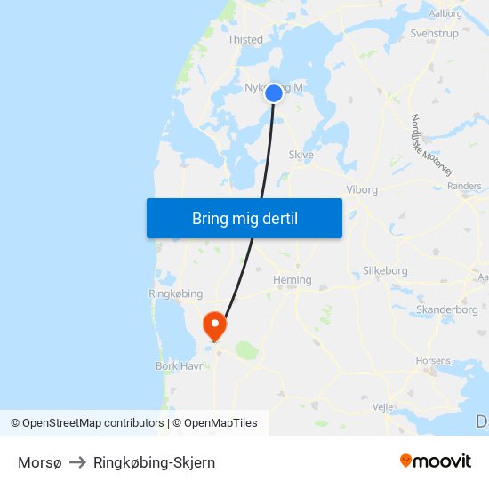 Morsø to Ringkøbing-Skjern map