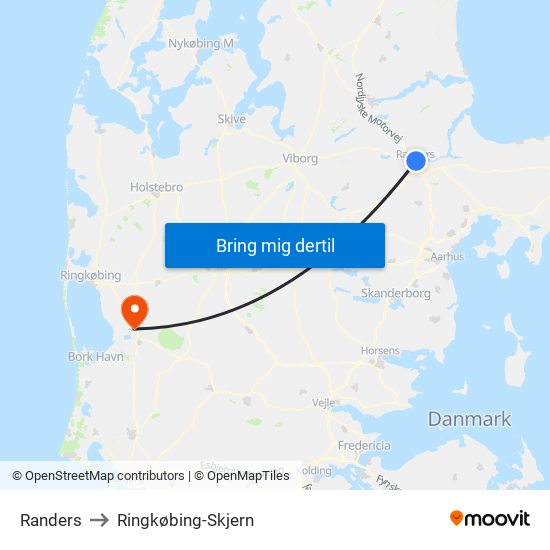 Randers to Ringkøbing-Skjern map
