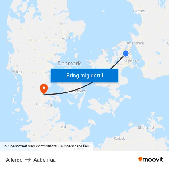 Allerød to Aabenraa map