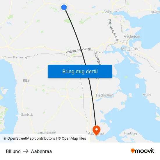 Billund to Aabenraa map