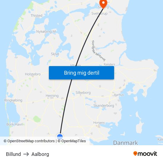 Billund to Aalborg map