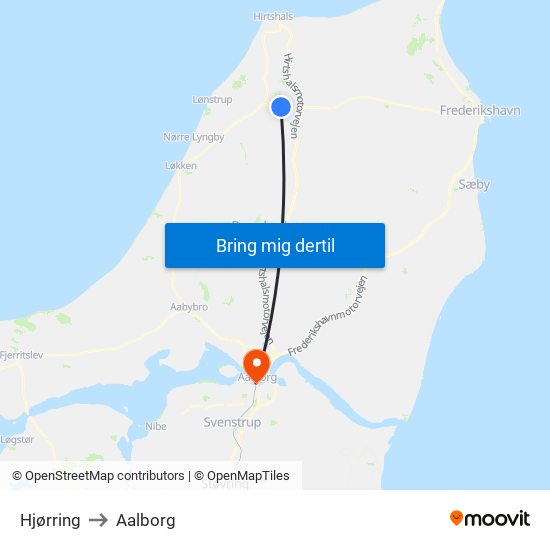 Hjørring to Aalborg map