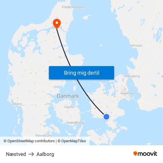 Næstved to Aalborg map