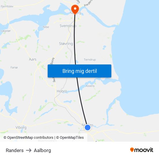 Randers to Aalborg map