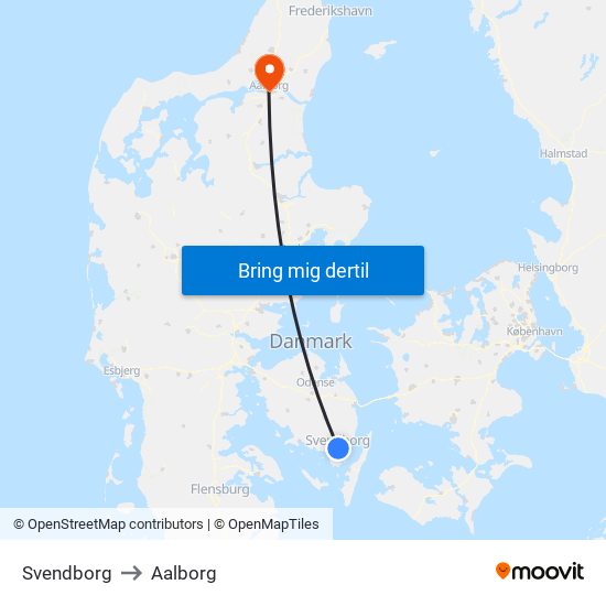 Svendborg to Aalborg map