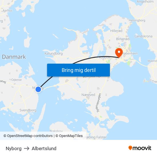 Nyborg to Albertslund map