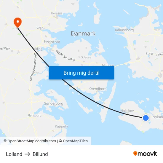 Lolland to Billund map
