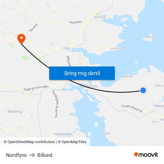 Nordfyns to Billund map