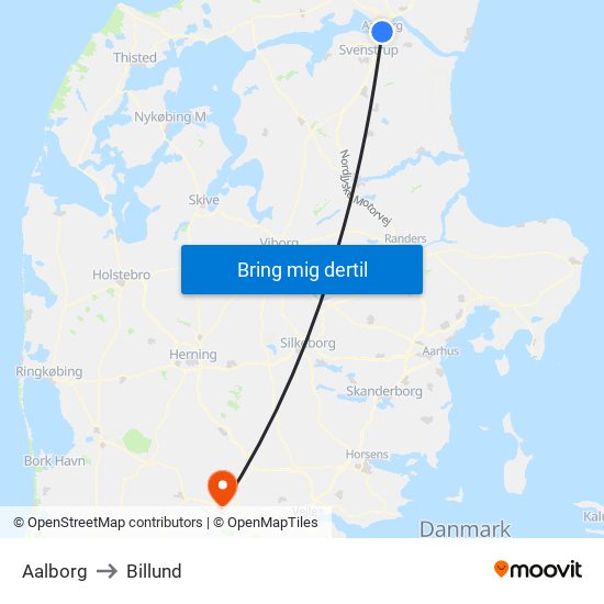 Aalborg to Billund map