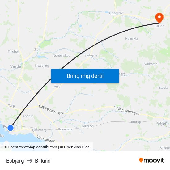 Esbjerg to Billund map