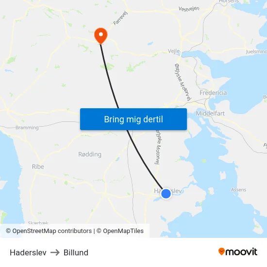 Haderslev to Billund map