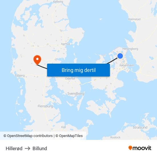 Hillerød to Billund map
