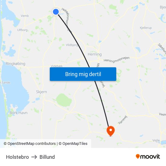 Holstebro to Billund map
