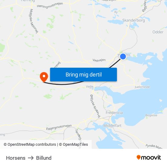 Horsens to Billund map