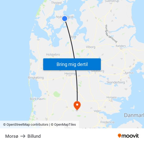 Morsø to Billund map