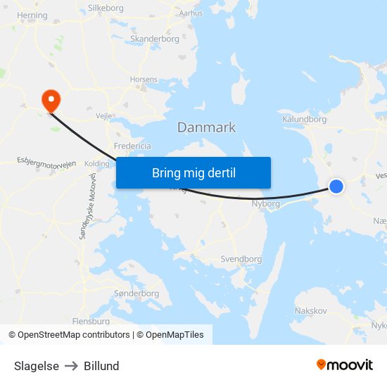 Slagelse to Billund map