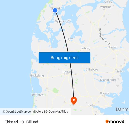 Thisted to Billund map