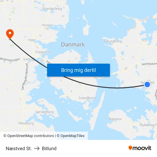 Næstved St. to Billund map