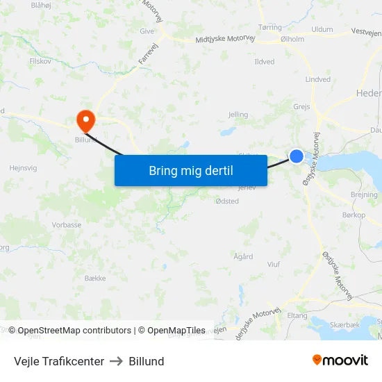 Vejle Trafikcenter to Billund map