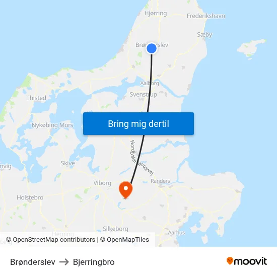 Brønderslev to Bjerringbro map