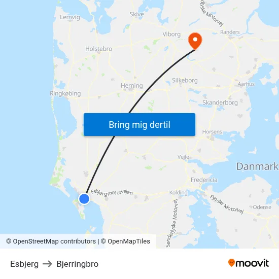 Esbjerg to Bjerringbro map
